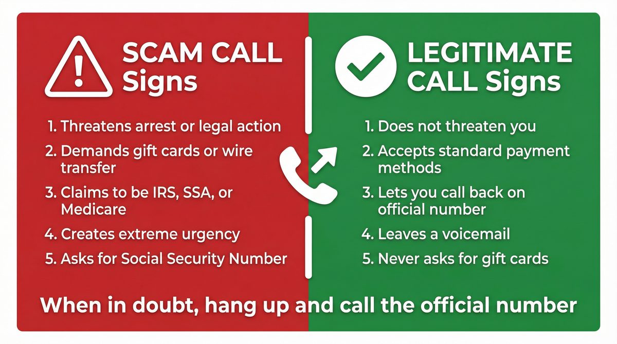 Side-by-side comparison of scam call warning signs versus legitimate call signs for 833 area code numbers