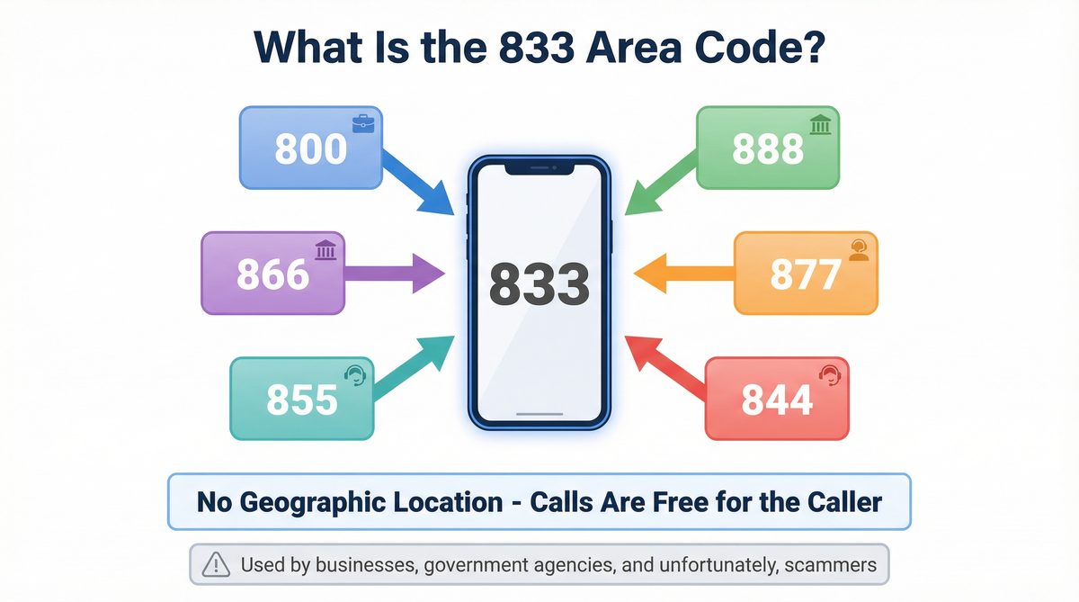 Diagram showing 833 area code as part of the North American toll-free number system alongside 800, 888, 877, 866, 855, and 844