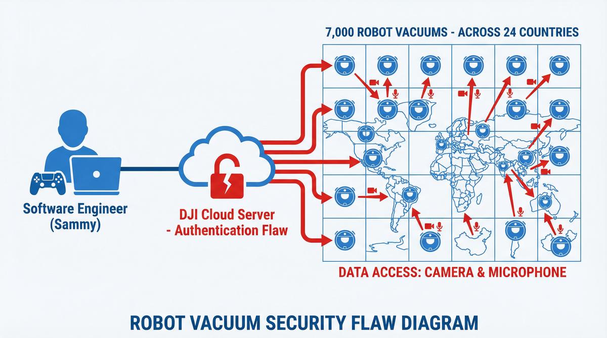 Diagram showing how the DJI robot vacuum authentication flaw allowed access to 7,000 devices across 24 countries