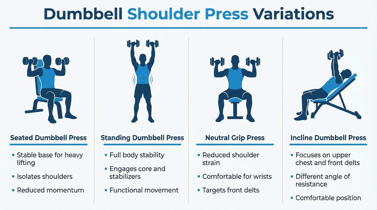 Comparison of four dumbbell shoulder press variations: seated, standing, neutral grip, and incline dumbbell press