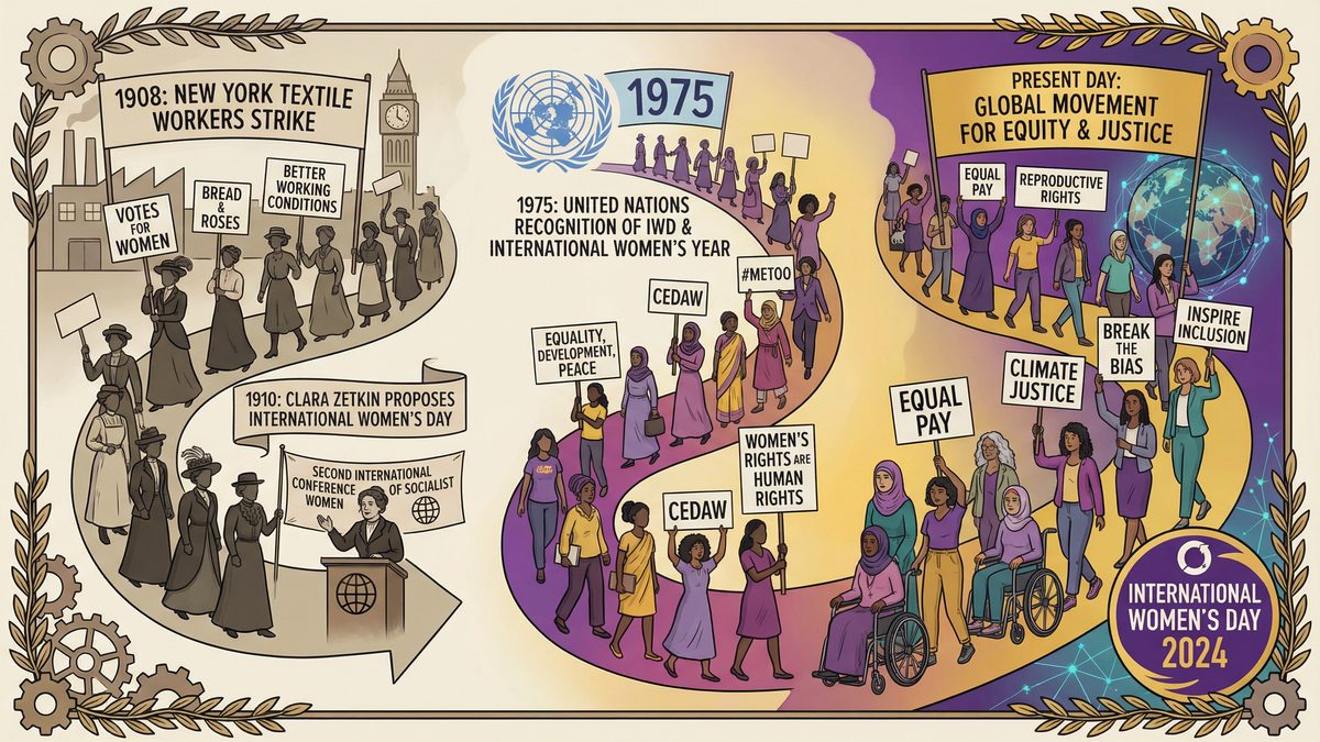 Timeline of International Women's Day history from 1908 textile workers strike to the present global movement