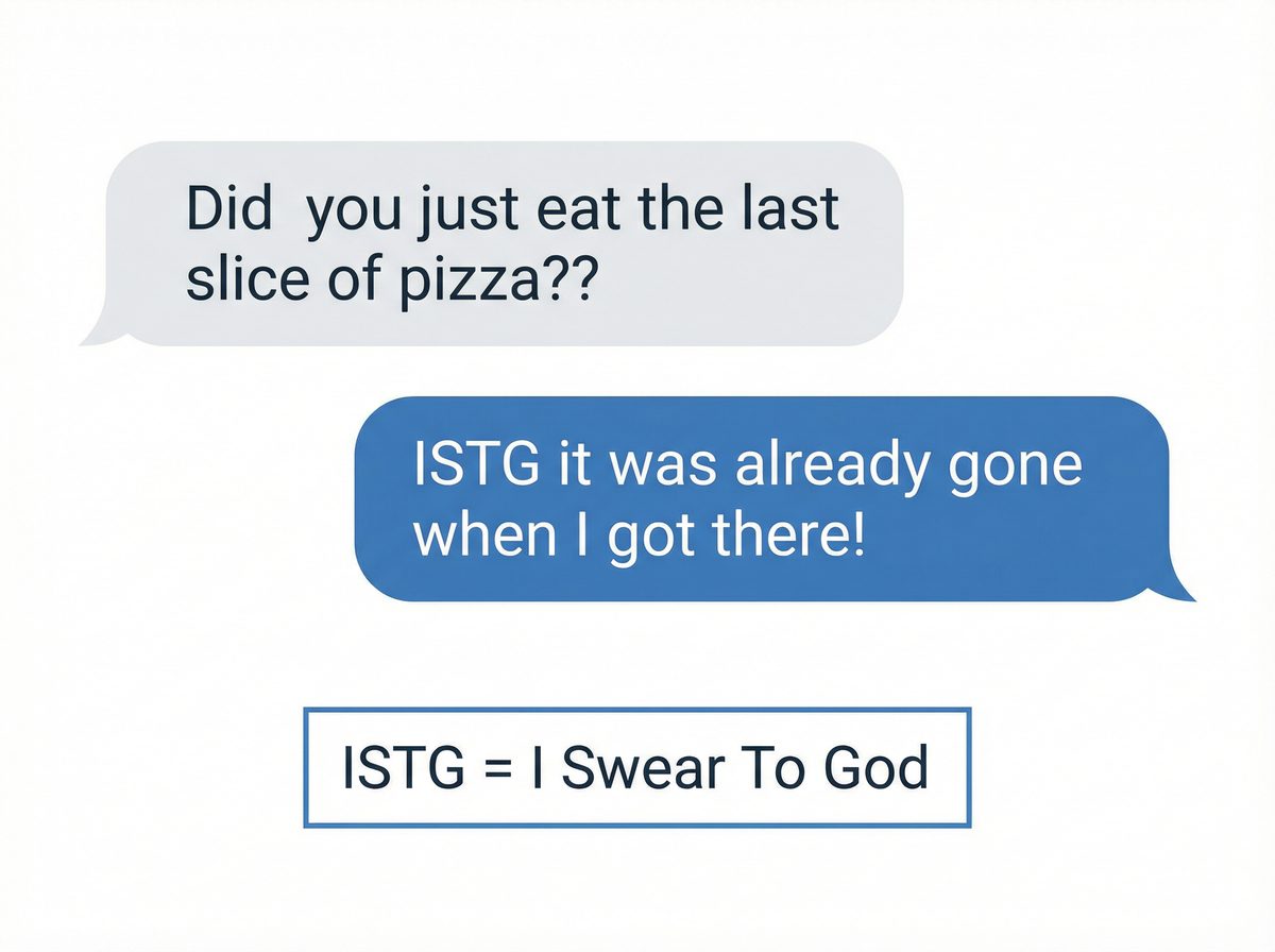 Example of ISTG used in a text message conversation — ISTG means I Swear To God