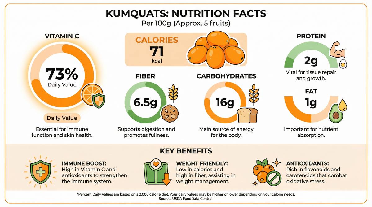 Kumquat nutrition facts infographic showing 71 calories, 73% vitamin C daily value, 6.5g fiber, and key health benefits per 100g serving