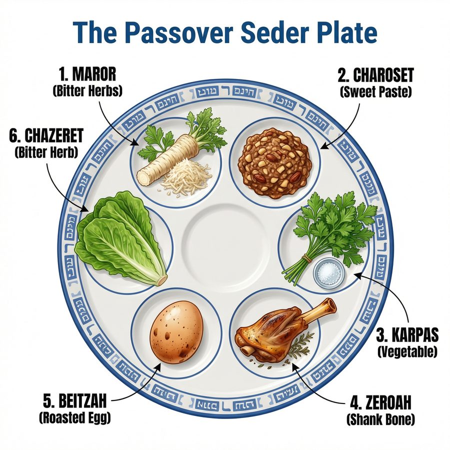 Diagram of the Passover Seder plate showing all six symbolic foods: Maror, Charoset, Karpas, Zeroah, Beitzah, and Chazeret