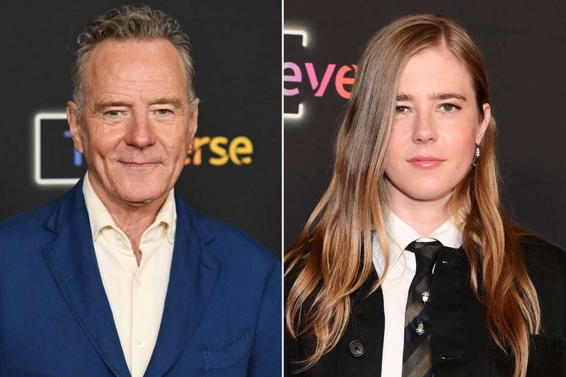 Bryan Cranston and Taylor Dearden side by side at separate events — Bryan in a blue blazer, Taylor in a black suit with tie