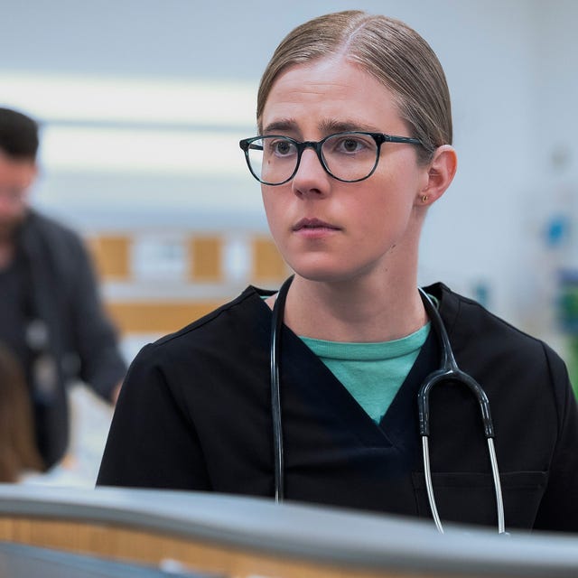 Taylor Dearden as Dr. Mel King in The Pitt on HBO Max, wearing scrubs and a stethoscope