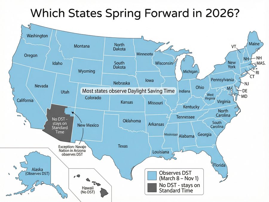 US map showing which states observe daylight saving time in 2026 — Arizona and Hawaii do not spring forward